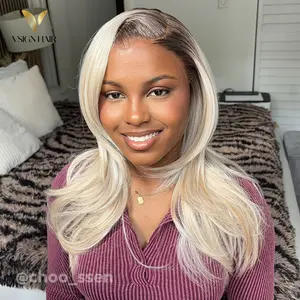 VSIGN Long Wavy Highlight Ombre Light Blonde Synthetic Heat Resistant 13*6 hd Lace Front Wigs with Dark Roots Pre plucked Frontal Body Wave Balayage Blonde Wig