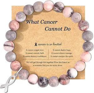 Natural Stone Bracelet for Women Pink Ribbon Awareness Handmade Beaded Encouragement Gift with Message Card