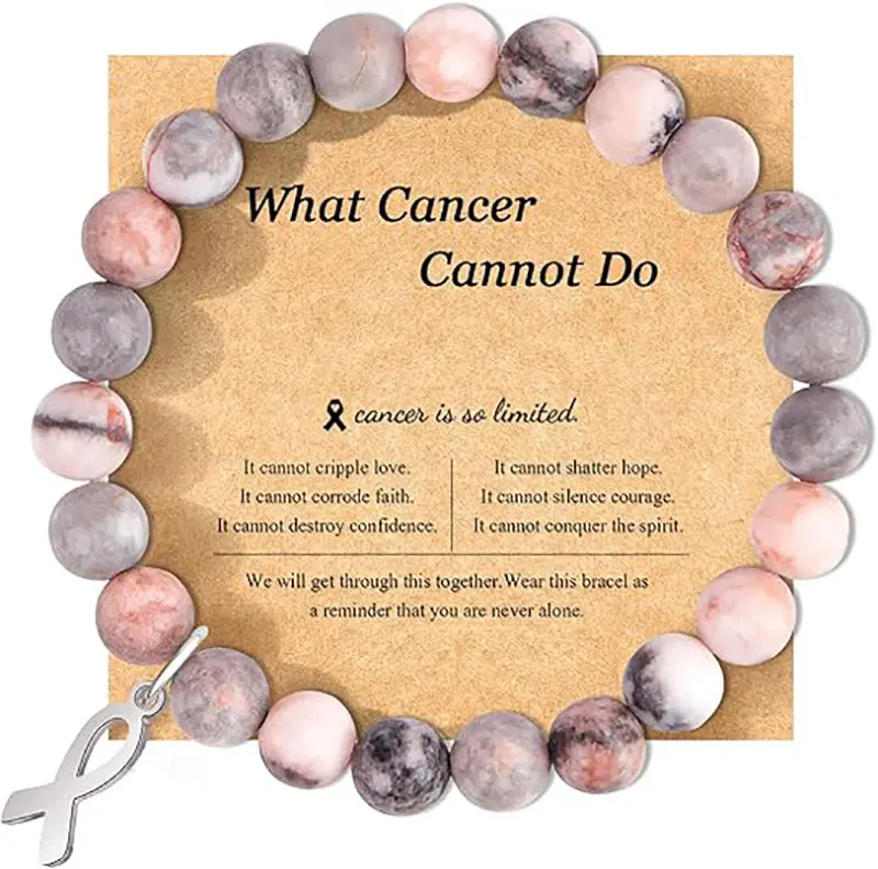 Natural Stone Bracelet for Women Pink Ribbon Awareness Handmade Beaded Encouragement Gift with Message Card