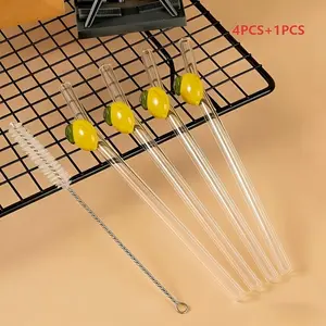 5-Piece Set Reusable Glass Straws with Cleaning Brush, Heat-Resistant Borosilicate, Dishwasher Safe, Ideal for Smoothies, Cocktails, Juices