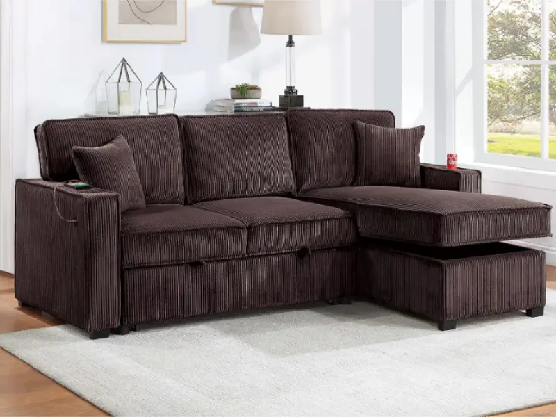 Poundex F8573 2-Pc Chocolate Corduroy Fabric Sectional Sofa Set - Pull-Out Sleep Area, Reversible Pop-Up Storage Chaise, Cup Holders, USB Ports for Modern Homes
