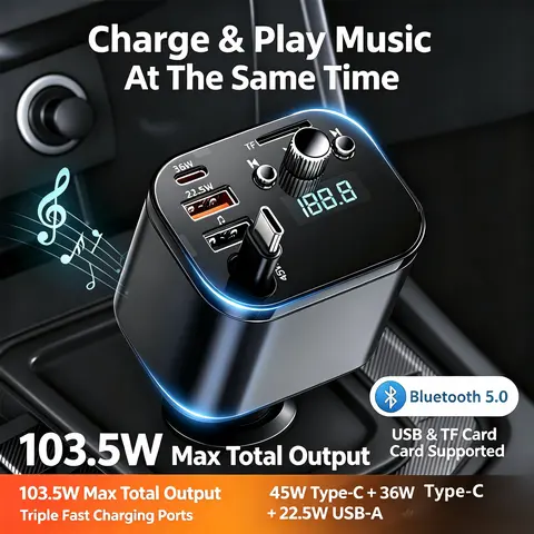 Hexibii Universal 5-in-1 Bluetooth 5.0 Car FM Transmitter - 103.5W Max Fast Car Charger with 45W+36W Type-C, 22.5W USB-A, Noise Reduction Handsfree Call Mic, MP3 Player (U Disk/MicroSD Card), 12V-24V Voltage Battery Read Function