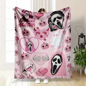 Spooky Scream Ghost Flannel Fleece Blanket Pink Horror Punk Ghost Pumpkin Heart Print Soft Cozy Lightweight Warm Decorative Throw Perfect for Halloween Parties Gifts Home Decor Couch Bed Sofa Camping Travel summerwins