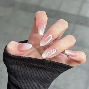 24pcs Nude Gradient Almond Nails, Transparent Fake Nail Stickers, Removable Manicure Strips, No Glue Needed, Reusable Daily Use