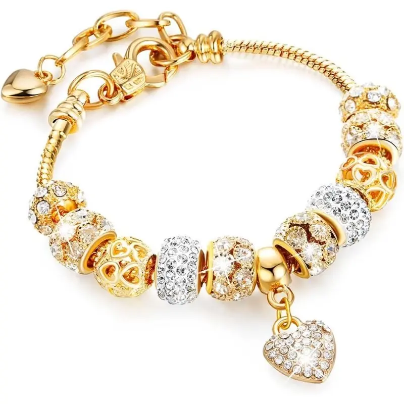 Women's Exquisite Beaded Gold Bracelet - Adjustable Bangle with Rhinestone Heart Shaped Charm, Luxury Charm Bracelet for Women, Exquisite Bracelet