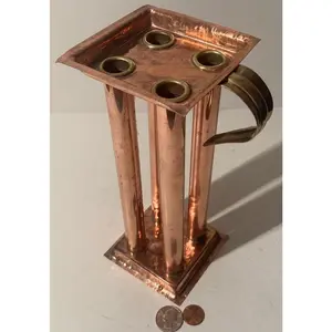 Vintage Metal Copper and Brass 4 Candlesticks Holder, 9" Tall, and 3 1/2" x 3 1/2" Base, Brass Handle, Corked Bottom, Heavy Duty, Quality
