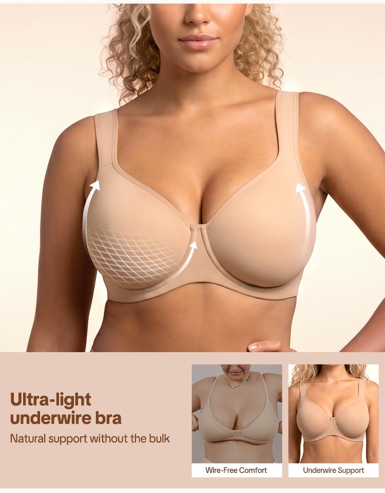 HSIA Joan Comfortzone Cooling Unlined Plus Size Full Coverage Underwire Support Minimizer Bra 1 to 1.5 Cup Sizes Down U Shaped Smoothing Back Wider Cushioned Straps Naked Feel Soft Smoothing T Shirt Bra for Big Bust Women
