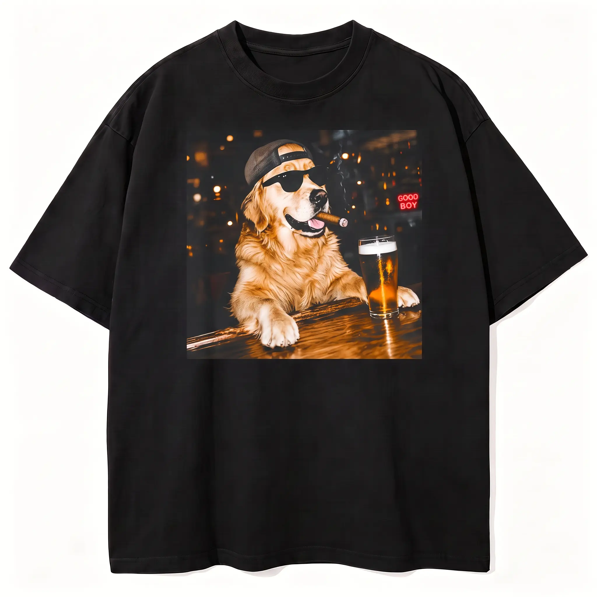 Unisex Cool Sunglass Golden Retriever Drinking Beer Cigar Bar Scene Vintage Graphic Cotton T-Shirts, Trendy "Good Boy" Funny Pet Retro-Print Unisex T-Shirt, Unisex Suitable For Daily Wear With Short Sleeves,Suitable for all seasons Fit T-shirt Classic Dis