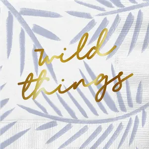 Slant Collections Wild Things Foil Beverage Napkin in White and Blue Leaf Pattern 5" x 5" Cocktail Party Paper Napkin with Gold Foil Lettering