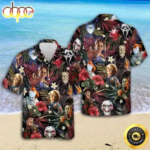 Horror Movie Characters Hawaiian Shirt for Men and Women, Jason Pennywise Chucky Freddy Michael Myers Tropical Floral Men Women Loose Casual Button Down Summer Beach Halloween Fan Gift