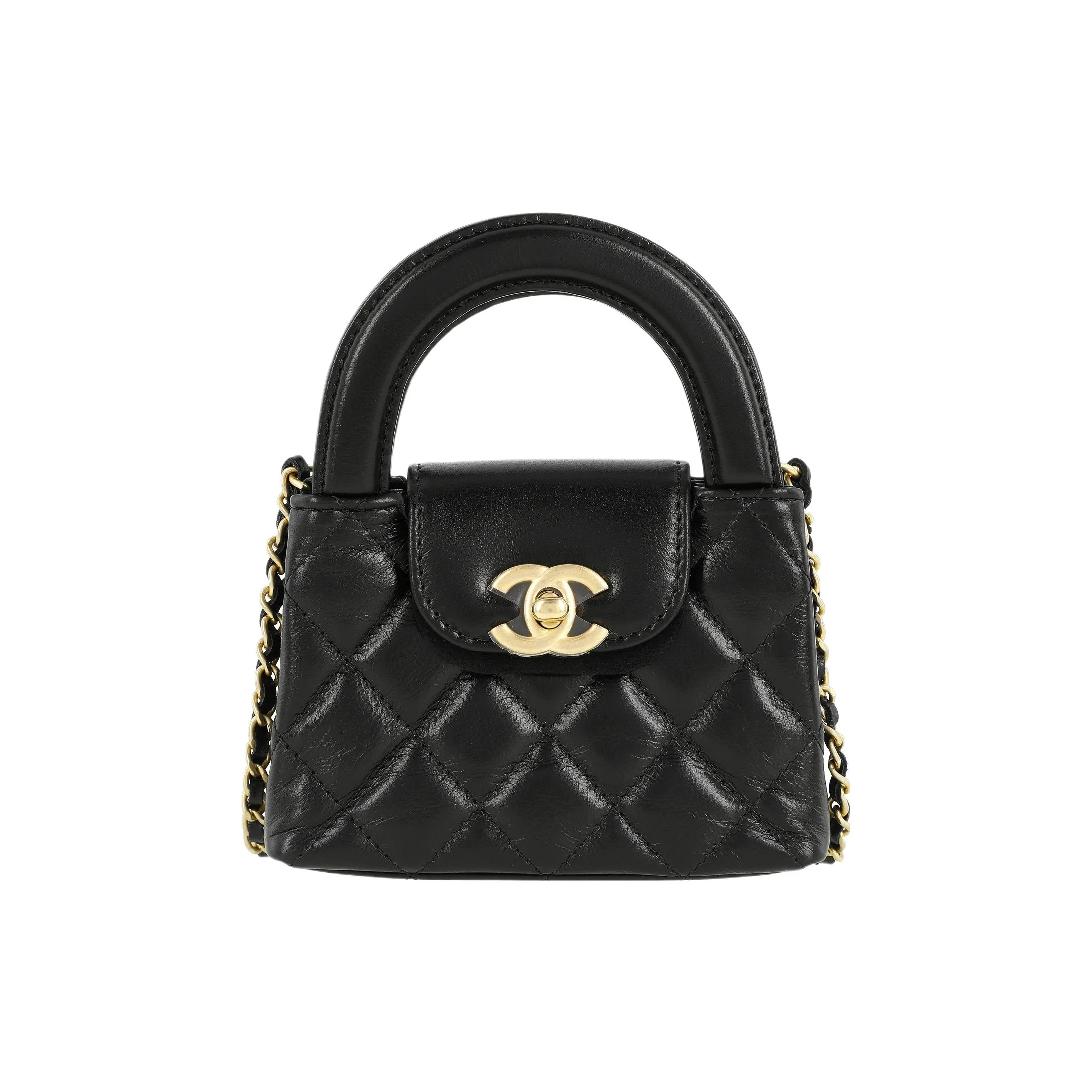 Chanel 23K Kelly Mini Shopping Bag with Quilted Chain Strap and Handle in Black Calfskin Casual Trendy Handbag Leather Crossbody Purses