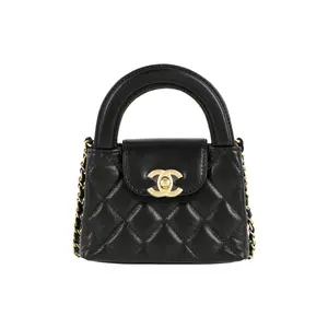 Chanel 23K Kelly Mini Shopping Bag with Quilted Chain Strap and Handle in Black Calfskin