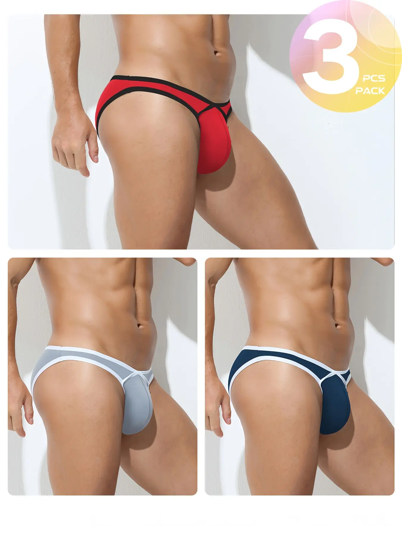 3-piece set of men's sexy, stylish, Slim Fit, plain, solid-colored, edge-detailed triangle underwear, breathable, comfortable, quick-drying, Athletic, sports-inspired bikini style Briefs