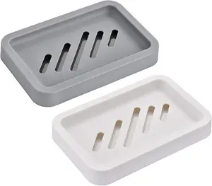 Self-Draining Soap Dishes with Removable Water Tray 2PCS , Anti-Slip Soap Holder for Bathroom & Kitchen, Easy-Clean Sponge Dish Soap Case Organizer (Grey)