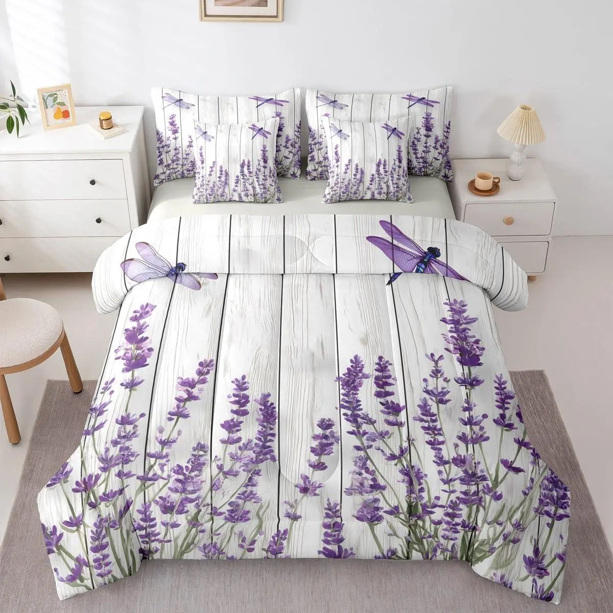 Lavender Comforter Set,Farmhouse Barn Door 7 Piece Bedding Set for Women Girls Rustic Cottagecore Dragonfly Sheet Set,Garden Floral Bed Set,Flower Wooden Board Duvet Insert