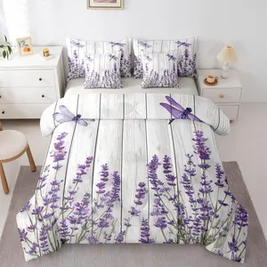 Lavender Comforter Set,Farmhouse Barn Door 7 Piece Bedding Set for Women Girls Rustic Cottagecore Dragonfly Sheet Set,Garden Floral Bed Set,Flower Wooden Board Duvet Insert