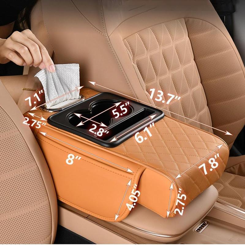 The black and red five-in-one car center console armrest cover comes with built-in dual storage bags, cup holders, tissue holders, and phone holders, providing all-in-one interior storage solutions for your car.