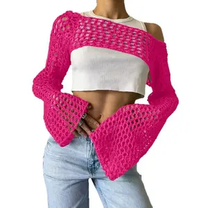 Irregular shawl hand-crocheted sweater for women, OOTD featuring a super-short, flared-sleeve, sexy mesh overlay top – hot girl's stylish look! Fashion Pullover Knitwear Womenswear