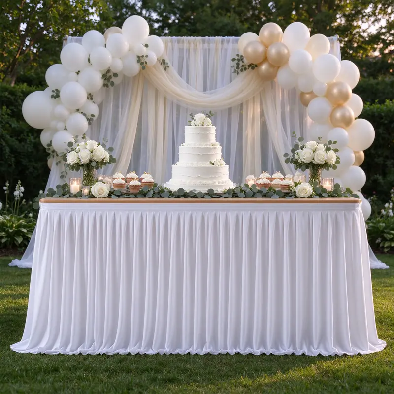 2-Pack Elastane Stretch White Ruffled Table Skirts - 6ft (72in x 30in) Front-Only Overlay, Wrinkle-Resist Look Pleated Rectangle, 9ft Multi-Size Table Cover for Weddings, Birthday Party Decoration, Decorations Supplies