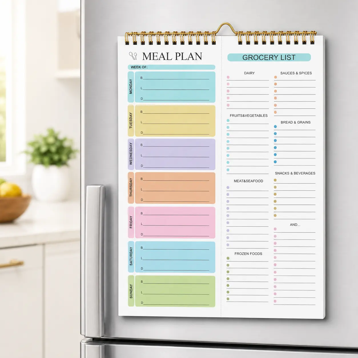 Weekly Meal Planner with Grocery List, 50-Sheet Undated Magnetic Fridge Notepad, 5.83 x 8.54 in Wall-Mountable Double Spiral Meal Planning Pad with Perforated Tear-Off Shopping List for Family Meal Prep