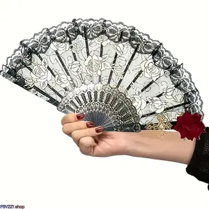 Portable Traditional Floral Vintage Spanish Flamenco Rose Lace Folding Fan - Wooden, Synthetic Unisex Handheld Accessory, Decor for Parties, Weddings, Lolita Style with Rose & Cross，Ideal Home & Festive Party Supplies Gift
