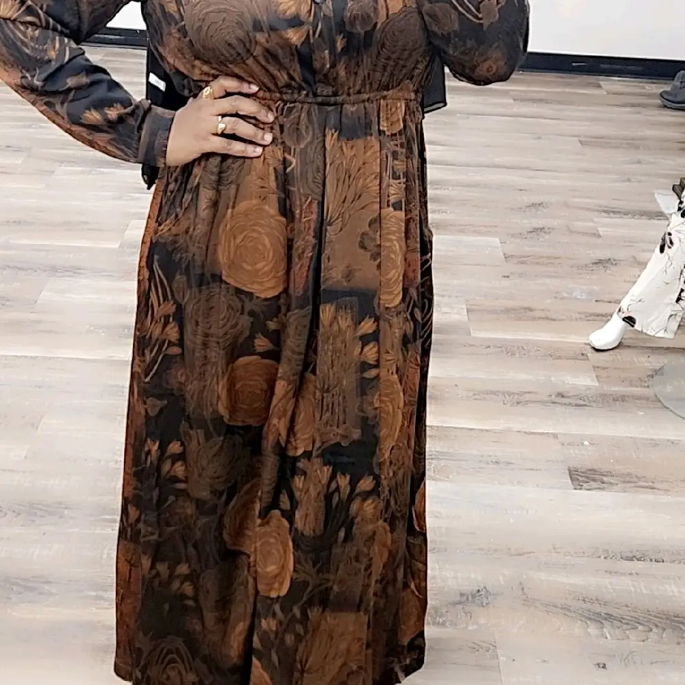 Modest Print Maxi Dress Silk Satin Elastic Flowy Design with Unique Floral Pattern and Button Detailing ZIZI Boutique