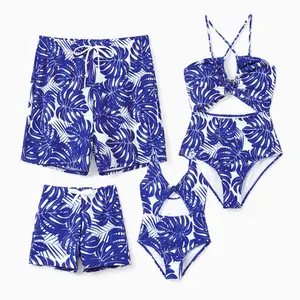 PatPat Family Matching Swimsuit Tropical Leaf Print Swim Trunks or Hollow-out  Crisscross Straps One-piece Swimwear Bathing Suit Spingtok