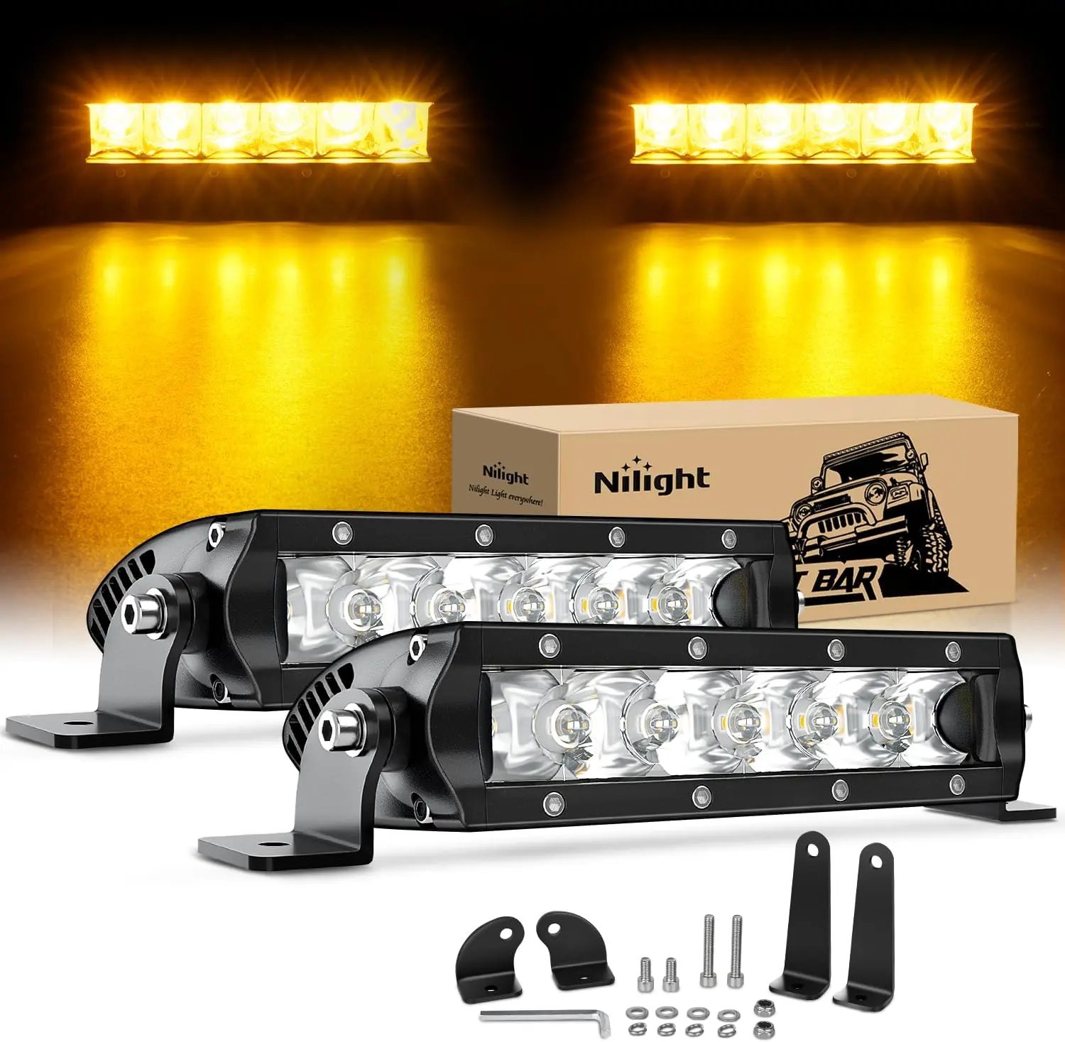 Nilight 2Pcs 7-Inch 30W Amber Super Slim 3D Spot Auxiliary Led Lights Car, 3000LM Driving Fog Off-Road Work Light Pods for Trucks, Pickups, Auxiliary Lights