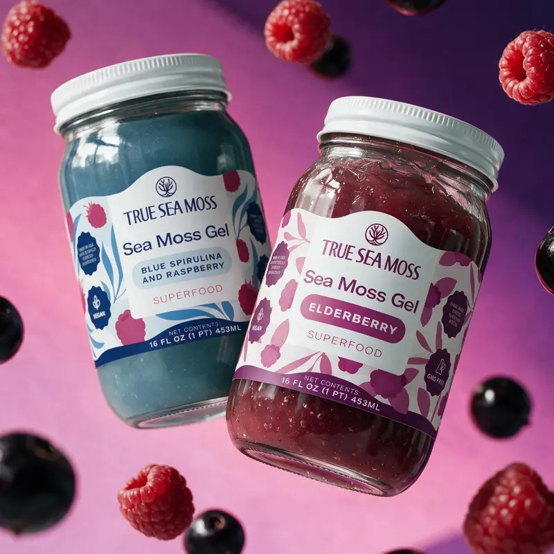 True Sea Moss Gel 2-Jar Bundle: Elderberry & Blue Spirulina-Raspberry – Rich in Essential Minerals & Vitamins – supports overall vitality