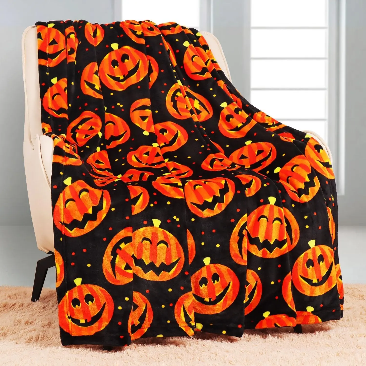 Halloween Striped Pumpkin Blanket Hand Painted Watercolor Grin Jack-o'-lantern All Over Print Throw Ultra Soft Warm Flannel Blanket for Sofa Bedroom Halloween Party Seasonal Gift