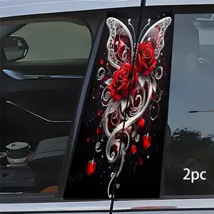2 Pcs Elegant Butterfly and Rose Car Decals Waterproof Vinyl Stickers for B-Pillar Glass Plastic Surfaces Enhance Vehicle Aesthetics Black Base with Red Roses and White Butterflies Car Accessories Dec