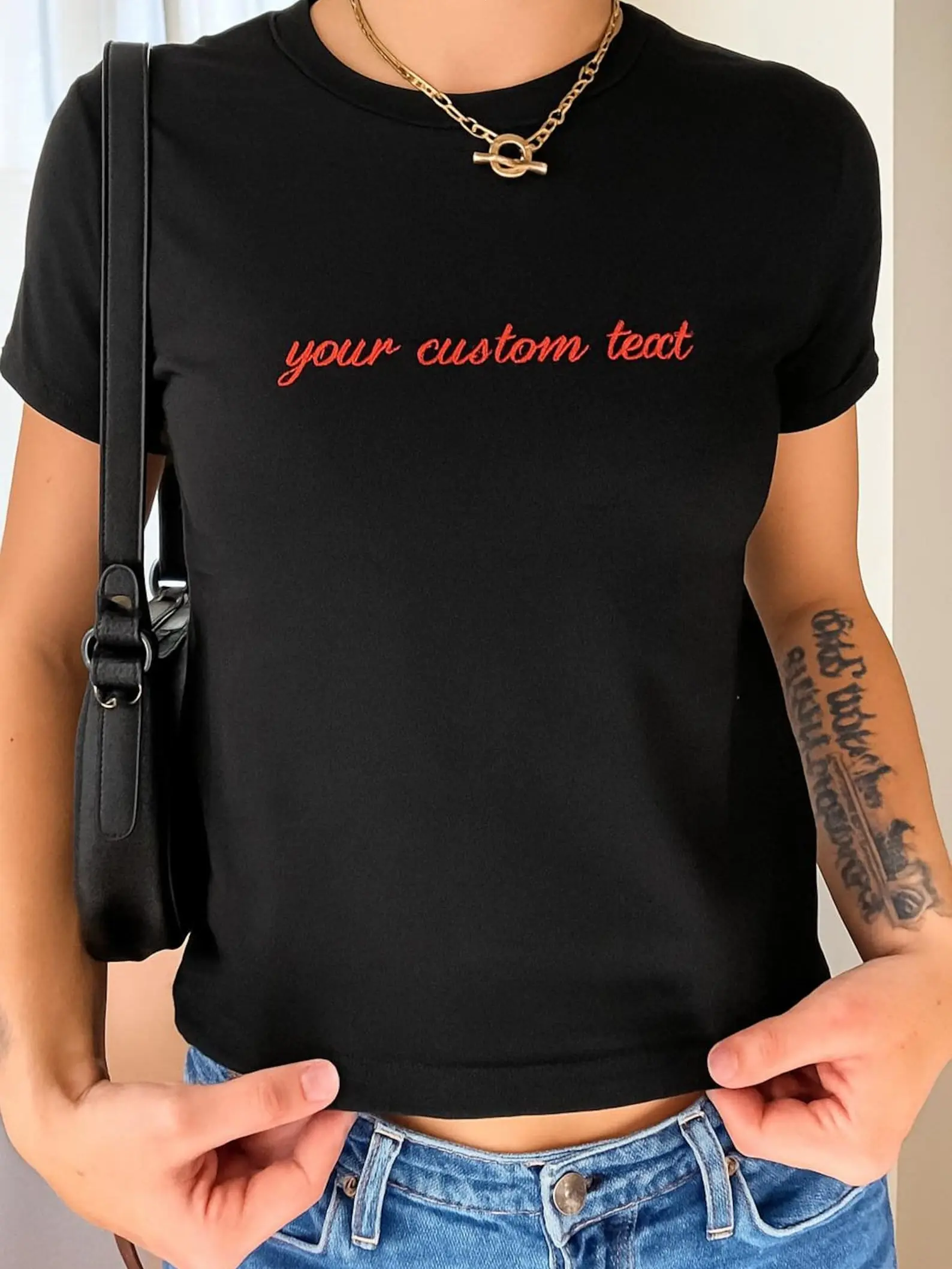 Personalized Embroidered Crop Tee, Custom Text Women’s Baby T-Shirt, Y2K Style Cropped Top, Customizable Embroidery Gift