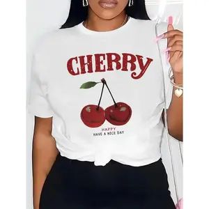 Cherry Patterned T-Shirt, Short-Sleeve Casual Round-Neck Top, Spring And Summer Women'S Clothing Cotton Embroidered