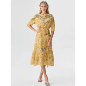 TCH - Rhinestone Hot Stamping | Print | Fashion | Retro style Waist Cinching | Mid length | Dress | Women Casual Womenswear