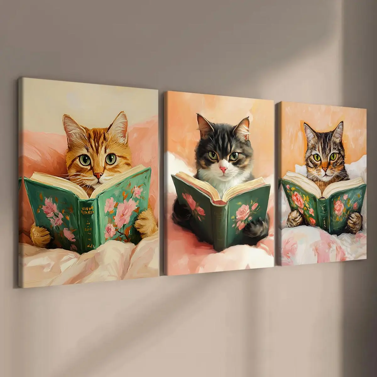 Cute Cat Reading Book Pattern Canvas Painting with Frame, 3 Counts/set Wooden Framed Canvas Wall Art, Wall Decor for Home Living Room Bedroom Office, Ornaments, Artwork