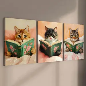 Cute Cat Reading Book Pattern Canvas Painting with Frame, 3 Counts/set Wooden Framed Canvas Wall Art, Wall Decor for Home Living Room Bedroom Office, Ornaments