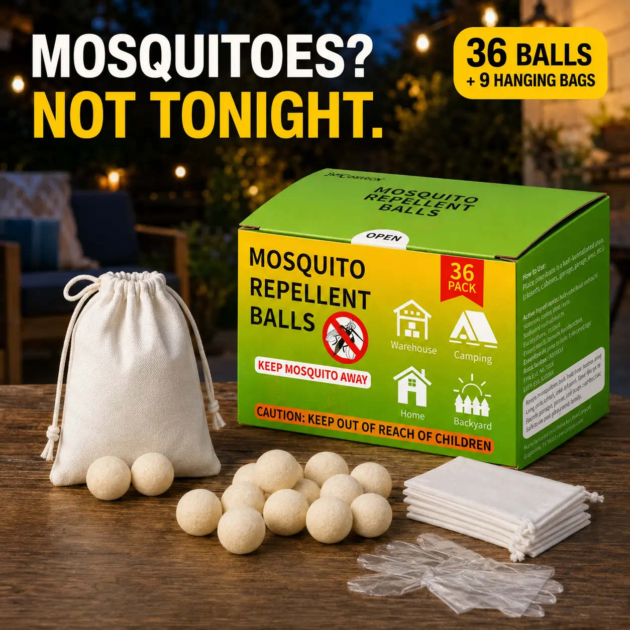 36-Count Mosquito Repellent Balls with 9 Hanging Bags, Easy-to-Use Mosquito Repellent for Home, Patio, Backyard, Camping, Garage & Outdoor Spaces