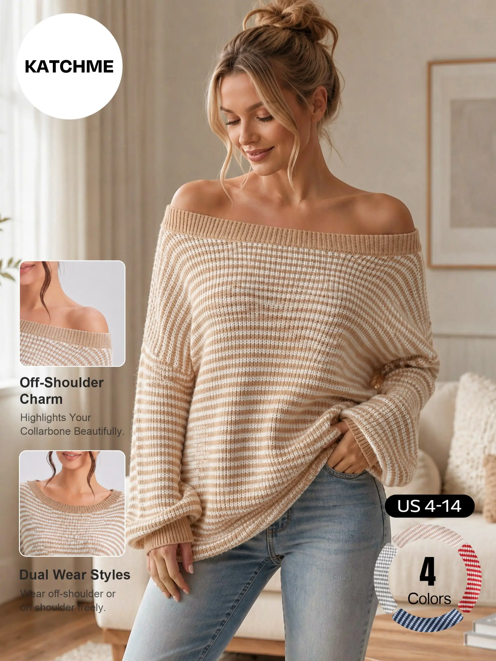 Katch Me Chic Women's Slouchy Off-Shoulder Striped Balloon Sleeve Sweater, Cozy Drop Shoulder Loose Pullover, Knit Oversized Daily Outfit for Fall & Winter #TikTokMadeMeBuyIt #SoftKnitWear #BalloonSleeveTop