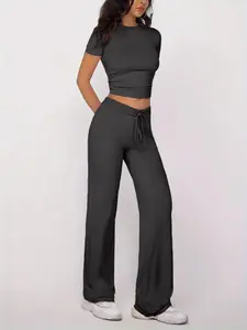 Women's Solid Top & Wide Leg Pants Two-piece Set, Casual Fashion Cozy Breathable Two Piece for Daily Outdoor Wear, Ladies Clothes for All Seasons