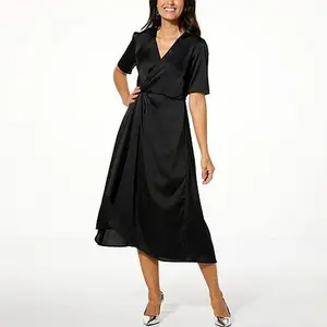 Nina Leonard Hammered Satin Drape-Front Dress