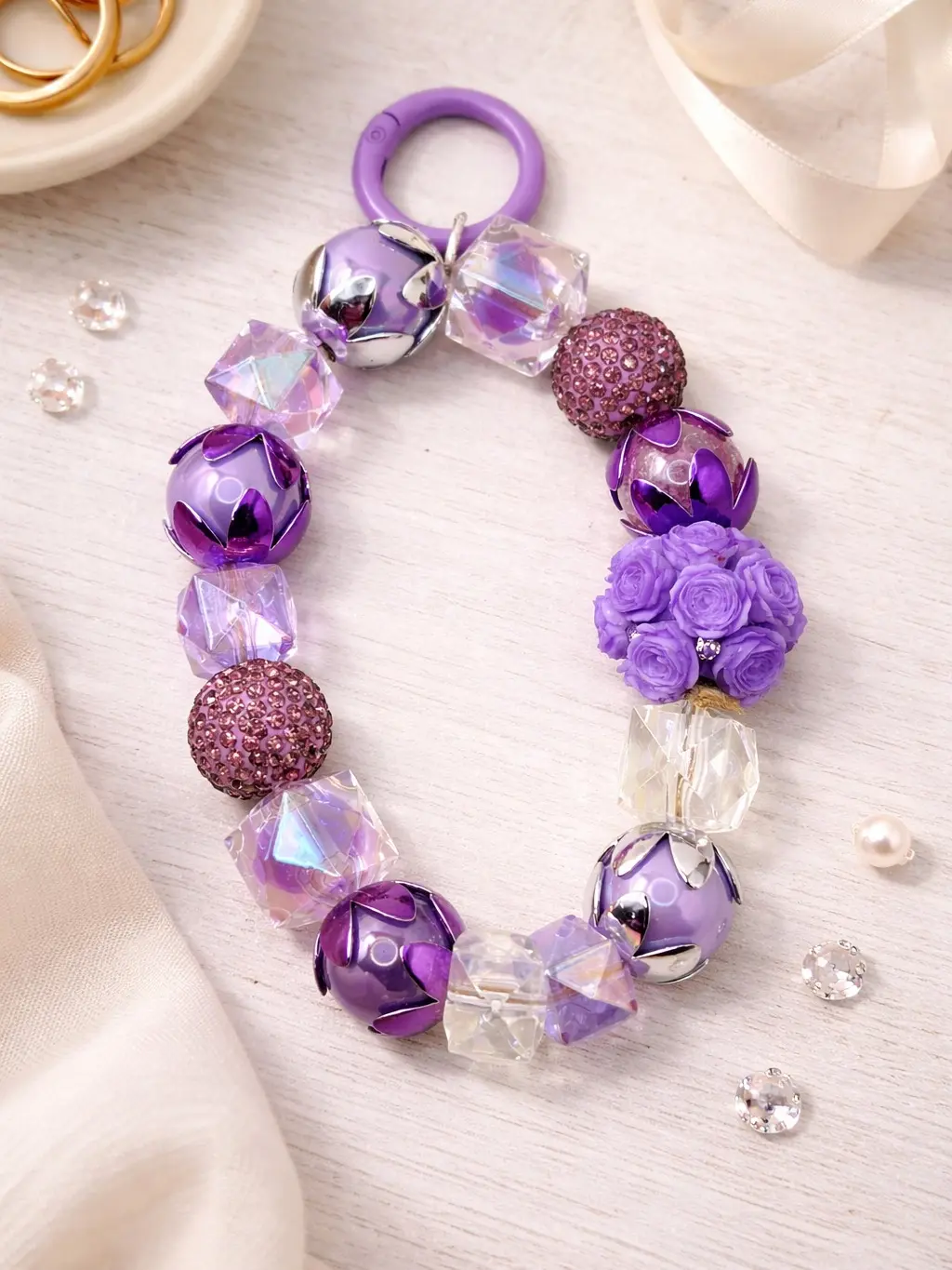 Purple Luxe Beaded Keychain Bracelet – Glam Rhinestone & Floral Charm Wristlet
