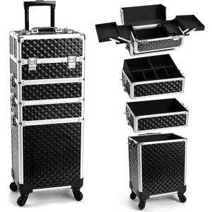 Rolling Makeup Train Case, 4-in-1 Cosmetology Case on Wheels, Nail Tech Cart for Travel, Professional Cosmetic Vanity Case, Suitcase for MUA/Manicure/Tattoo/Style, Lockable Storage Box, Black