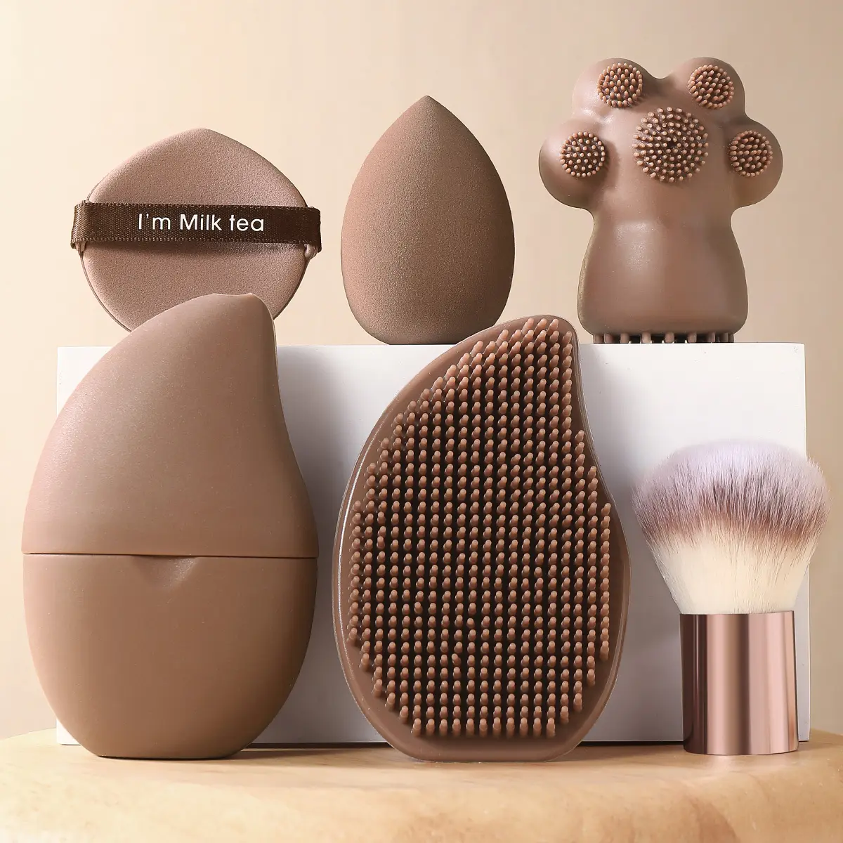 1/6 Piece Makeup Tool Set Including Makeup Brush Set, Makeup Sponge, Cushion Puff, Facial Ice Roller, Silicone Cat Paw Brush, Facial and Hair Cleaning Tools