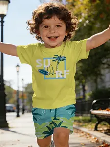 Summer surfing digital print short-sleeve set for infants and toddlers, casual kids' clothing, T-shirt suitable for daily and outdoor sports. 100% polyester, a perfect gift for infants and toddlers!