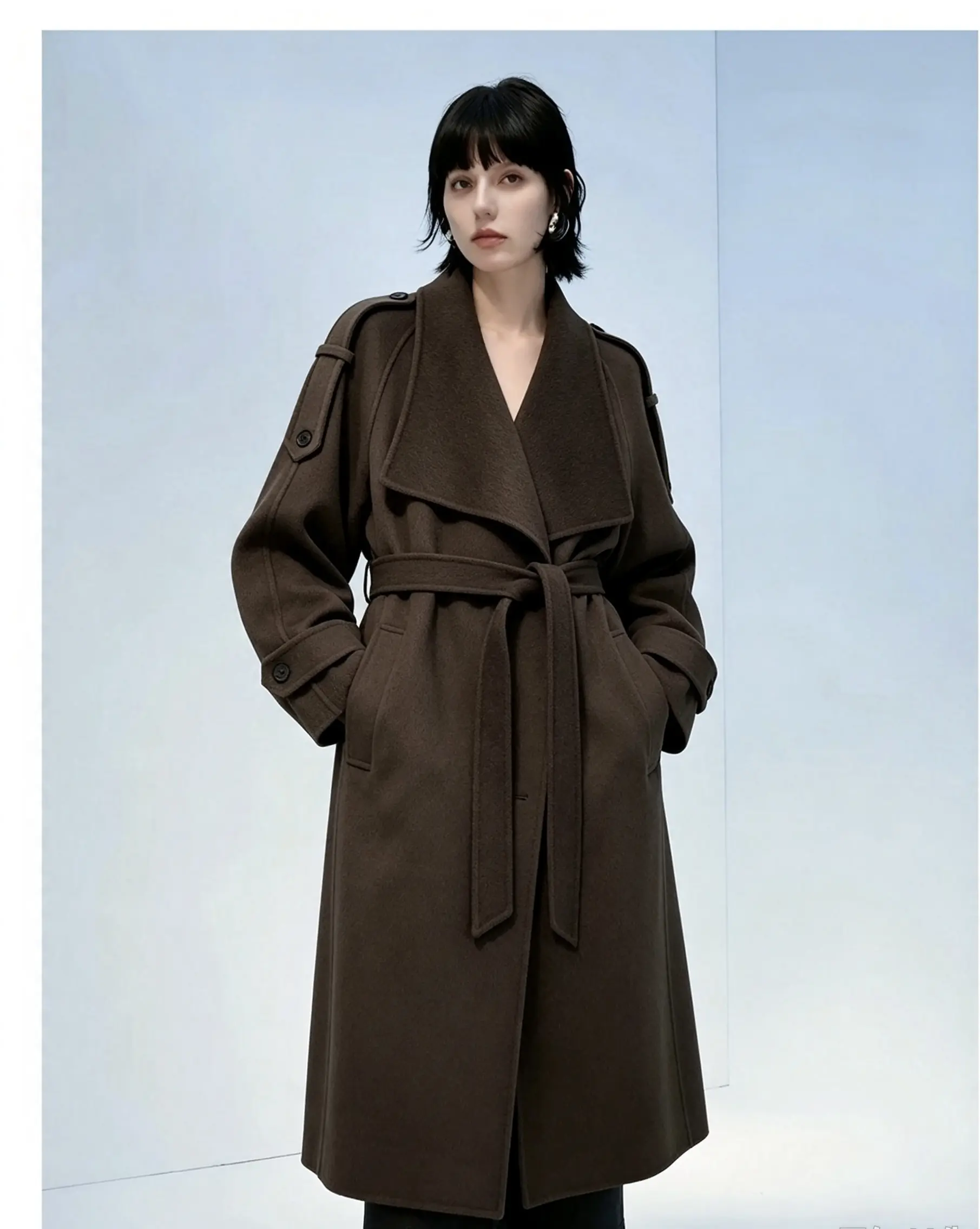 [CC6685]Wool Trench Coat - Big Lapel, Long Belted, Loose Fit, Adjustable Straps, Double-Faced Solid Fabric Winter Outerwear for Lady, Tops for Women Fits Outfits