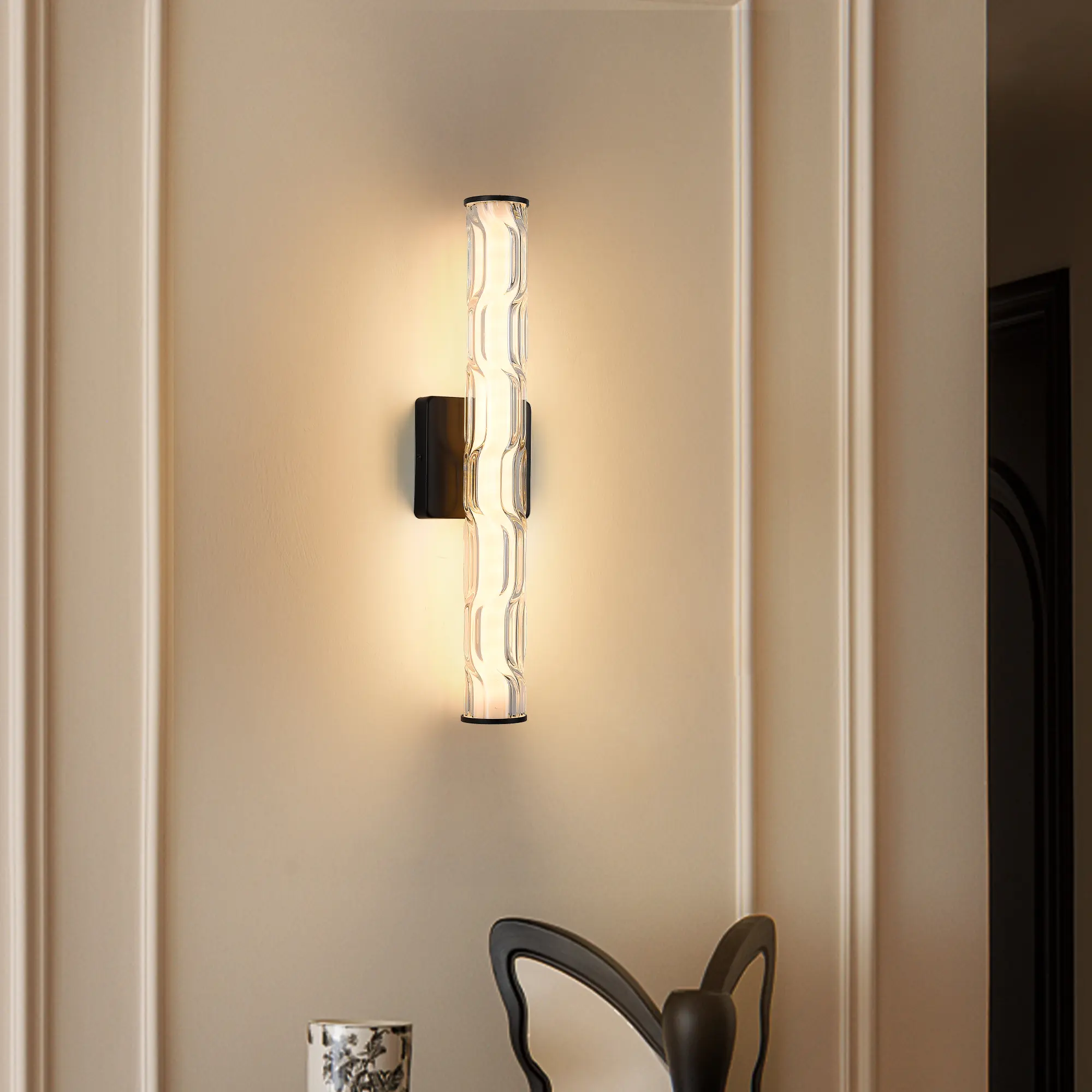 Matte Black Wavy Glass LED Wall Sconce, 20-in 3-Color Dimmable Water-Resistant Vanity Light with Wall Anchors, Makeup-Friendly Vanity Aesthetic Lamp for Bathroom, Entryway Vertical Mount Decor
