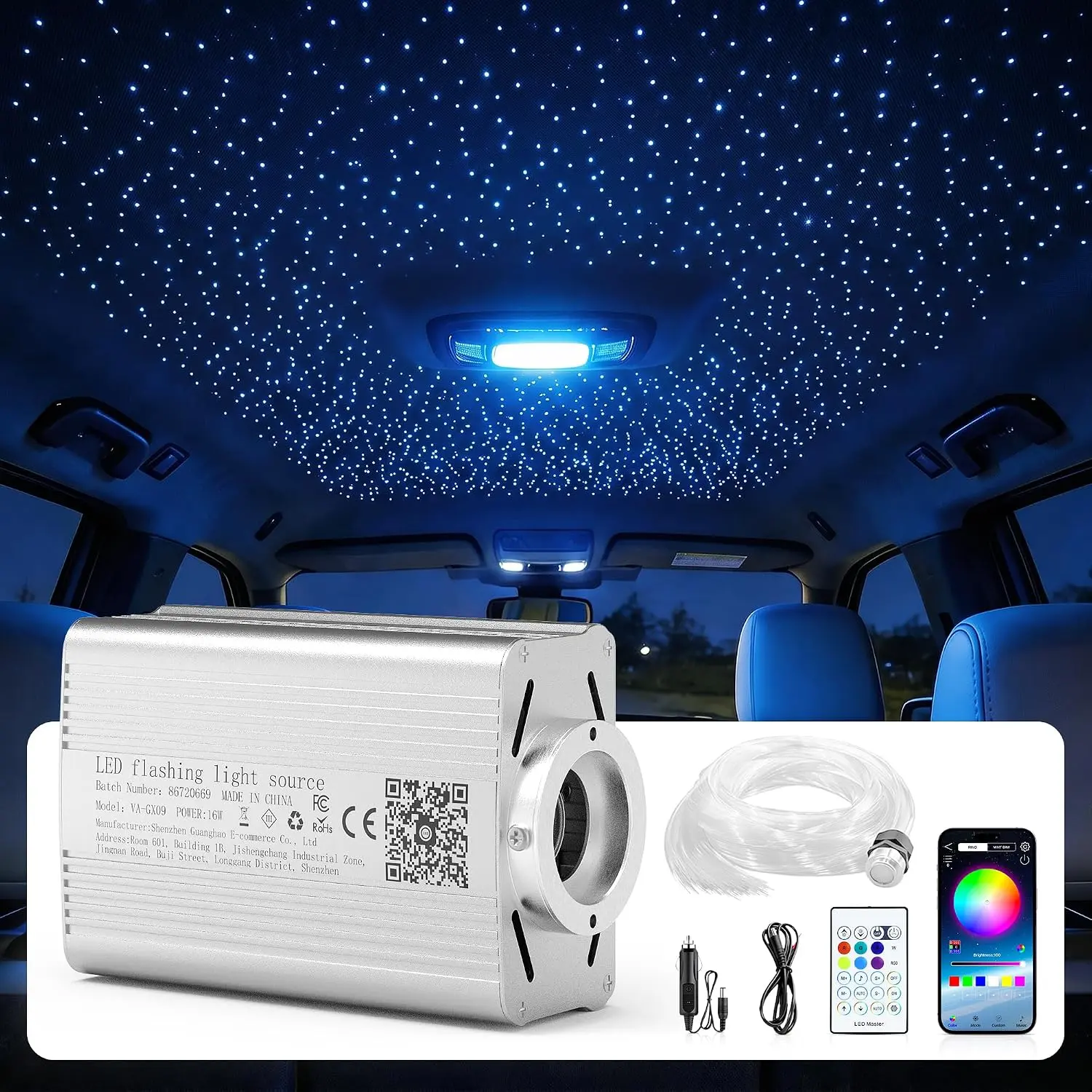 1200pcs 12V Car Fiber Optic Starlight Roof Headliner Mood Lights, Vehicle Accessories with 16W Mixed Cables (9.89ft 0.1in 800pcs + 0.2in 400pcs), Color Changing Sound-Activated Music Sync, Remote + APP Control, Professional Installation Required