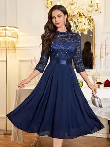 MIUSOL 55811A Sequin Floral Lace Mock Neck 3/4 Sleeve Chiffon Pleated Hem Formal Prom Party Swing Dress, Elegant Party Dress For Women, A-Line Dress, For Wedding Guest, Graduation, Dinner