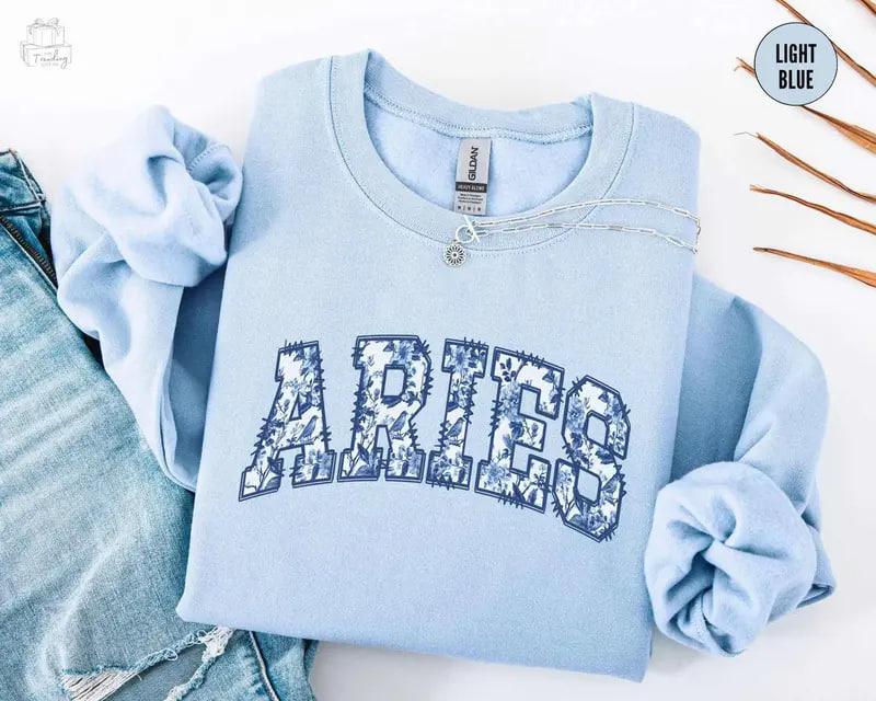 Custom Zodiac Sweatshirt - Light Blue, Cute Horoscope Astrology Graphic Sweatshirt, Unisex Crewneck Sweatshirt, Personalized Zodiac Energy Gift for Birthday, Star Sign Lovers, Celestial Sweatshirt - AL
