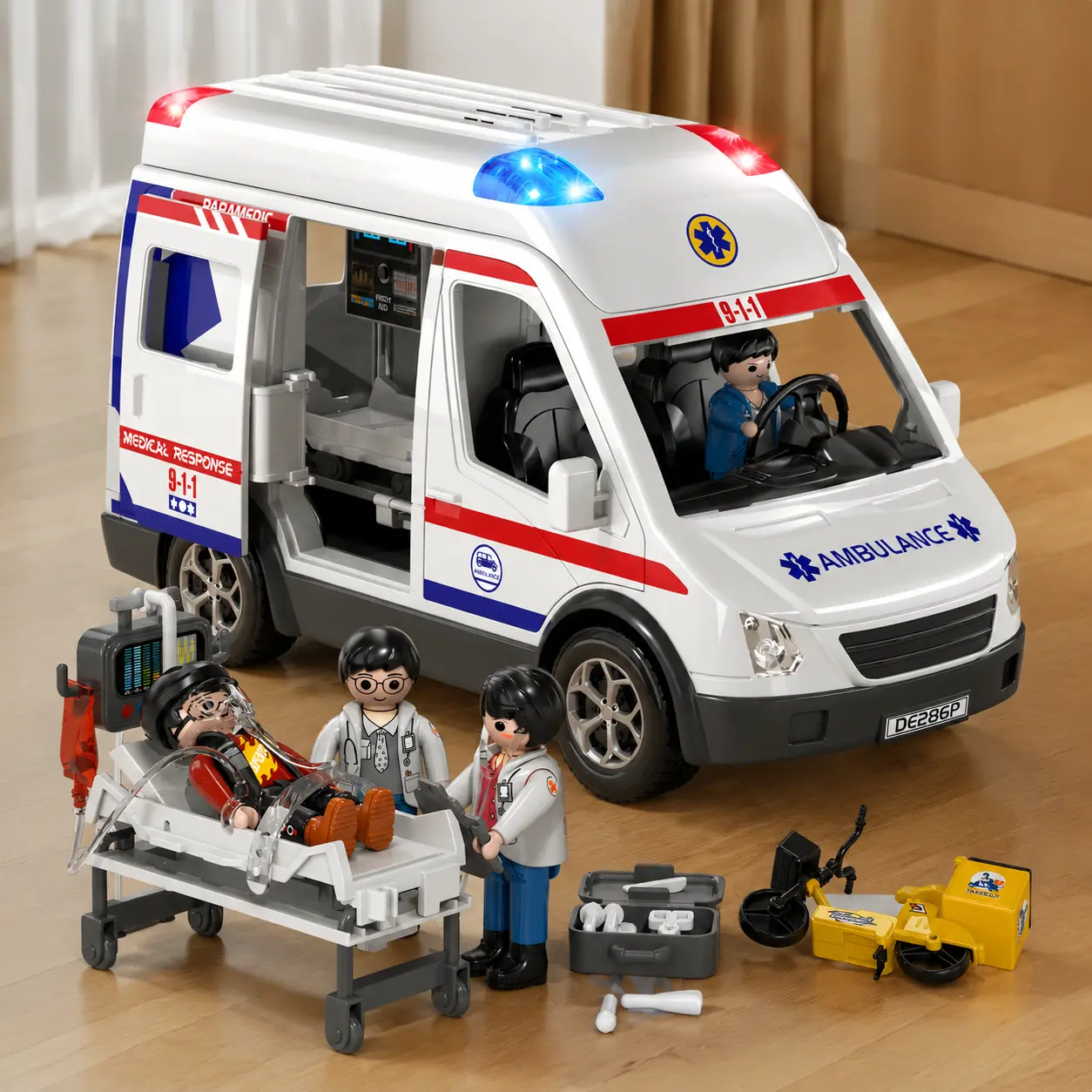 Kids Emergency Ambulance Toy Car - Unisex Remote-Free Stress Relief Toy with Ambulance Look, Car Motif, Cool LED Lights, Safe Plastic, 4-6 Age Pretend Rescue Role Play, Birthday/Christmas Gift for Safety Learning & Irritability Calming